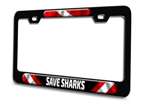 shark diver license plate frame - Makoroni - Save Sharks Scuba Diving Black Steel License Plate Frame 3D Style