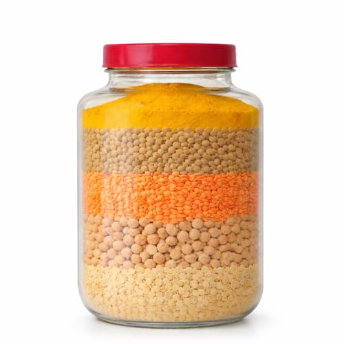 Image of 3000ml (3KG) Large Glass Storage Jar with Airtight Red Lid - Big Kitchen Container for Rice, Atta, Dal, Dry Fruits & Snacks - Transparent Heavy Duty Glass