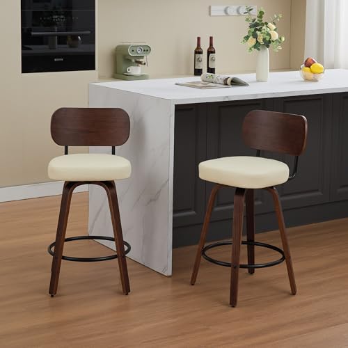 Image of YaFiti Swivel Bar Stools Set of 4, 26 inch Upholstered Faux Leather Counter Height Barstools with Walnut Back & Bentwood Legs, Mid Century Modern Bar Chairs Island Stools for Kitchen Counter, Beige PU