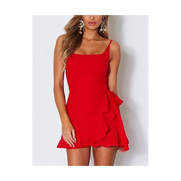 Relipop Women's Dress Spaghetti Strap Waist Tie Knot Wrap Front Ruffle Hem Short Dress Red