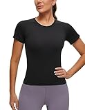 CRZ YOGA Women's Seamless Workout Tops Breathable Short Sleeve Gym Shirts Running Yoga Athletic T-Shirts Black Small