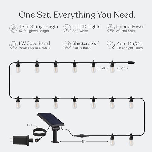 Image of Brightech Ambience Hybrid Outdoor String Lights - Dual Plug and Solar Powered Waterproof LED Light String for Outside - 48 Ft, Soft White Edison Bulbs, for Camping, Patio, Cafe, Yard, Porch