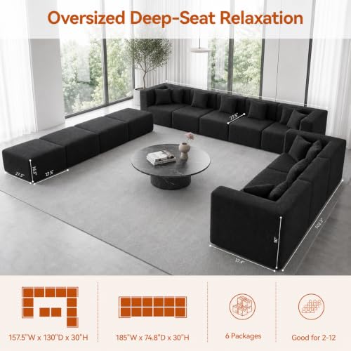 Image of MONVANE 185 inch U-Shaped 12 Seat Modular Sectional Cloud Couch, Jet Black | Sectional Couches for Living Room, High Supportive Backrests, Movable Ottomans, Deep Seat, No Assembly Required