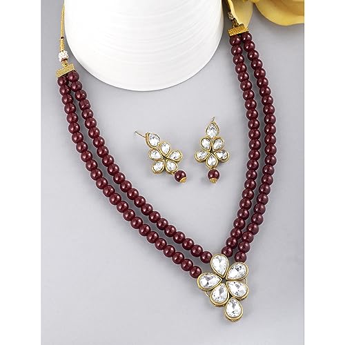 Image of Peora Crystal Faux Pearl Kundan Necklace & Jewellery Set Gift for Women