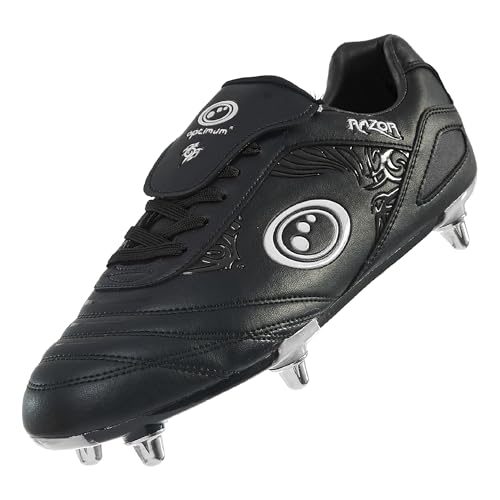 Optimum Razor Kids Rugby Boots Lightweight 8 Stud Design Crafted for Elite Traction & Power to Drive Through the Scrum Performance Ready for Soft Ground (SG) Grass Pitches - Black/Silver Size 1
