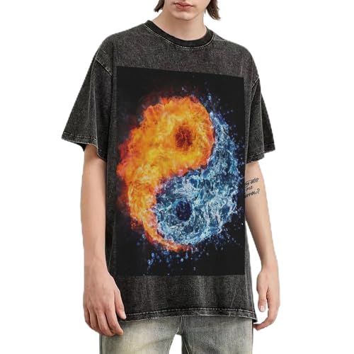 T-shirt Yin Yang surdimensionné en coton lavé vintage pour homme style feu et eau
