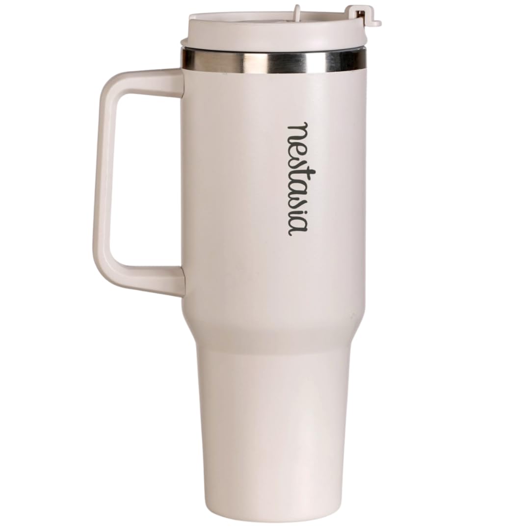 Nestasia GripSip40 Tumbler with Straw & Side Handle 1.2L | Insulated Stainless Steel Sipper Water Bottle for Adults with Dual Flip Opening Sip-Swig Leakproof Lid for Office & Gym (Vanilla Oatmilk)
