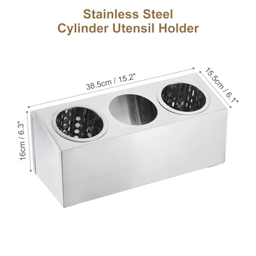 uxcell Kitchen Utensil Holder, Stainless Steel Cylinder Flatware Silverware Utensil Holder with 3 Compartments, Caddy Drying Rack Countertop Silverware Organizer for Buffets (3 Holes) - Image 3