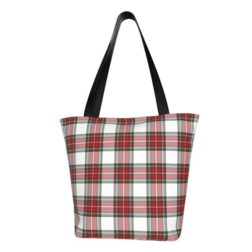 Christmas Plaid Red Tartan Check Reusable Zippered Shoulder Bag, Stylish Polyester Tote With Wide Handle & Inner Pocket, Lightweight Durable Shopping & Travel Bag
