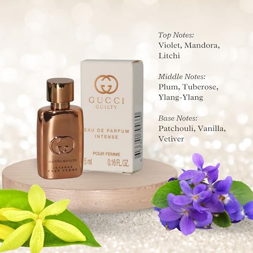 Image of Gucci Guilty Perfume For Women Eau De Parfum Intense Mini Perfume Splash 0.16 Fl Oz | 0.16 fl oz EDP mini splash dabber bottle. Travel size designer fragrance for purse, gifting, sampling, or collection.
