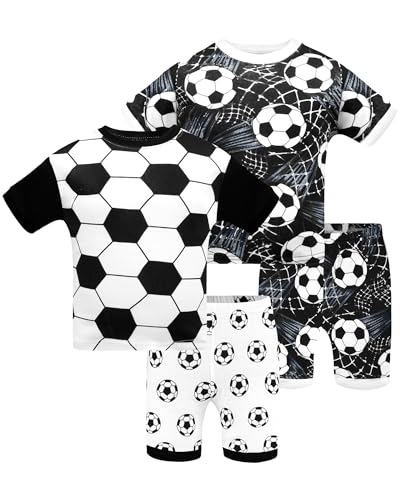 DAUGHTER QUEEN Boys Pajamas Toddler Summer PJs Kids Soccer Sleepwear 100% Cotton Short Sleeve Pj Sets Children 4 Piece Jammies Sports Clothes Size 2T Age 2 Years