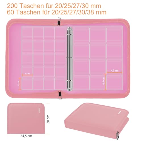 JUNDUN Feuerfestes Münzsammelalbum für Sammler, 260 Taschen Münzsammelbuch mit Reißverschlüsse, Münzsammelorganisator Aufbewahrungsbox Album für 20/25/27/30/38mm Münzen(Rosa)