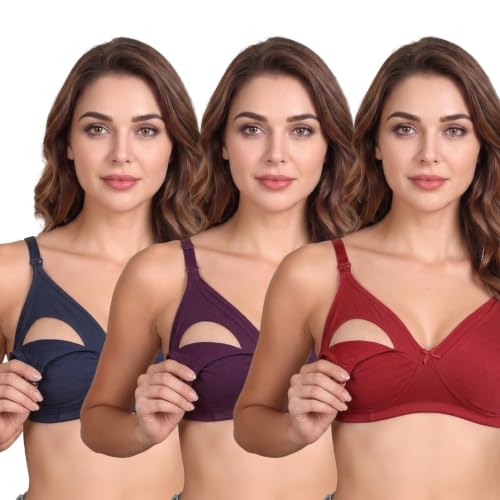 Image of Celary Womens Multicolor Cotton Maternity Nursing Bra | Wirefree Cotton Feeding Bra for Pregnancy & Breastfeeding | Soft Comfortable with Easy Clip Access (Pack of 3)