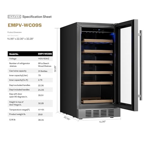 Image of Empava 15 inch Wine Cooler Refrigerator Under Counter with Glass Door, Freestanding Fridge with LED Light, Touch Control, 31 Bottles Capacity
