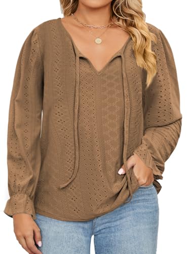 Image of DOLNINE Plus Size Tops for Women V-Neck Puff Long Sleeve Eyelet Drawstring Shirts