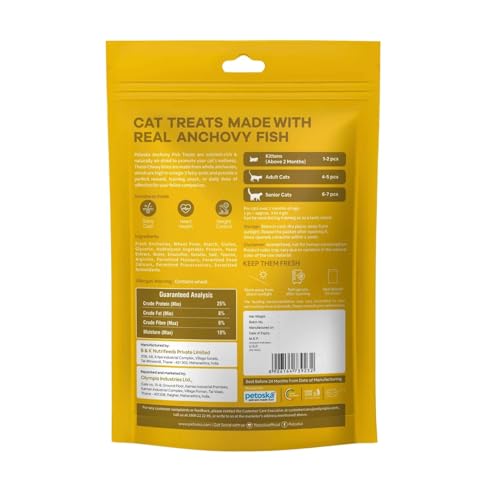 Image of Petoska Anchovy Fish Cat Treats - 100g | Air-Dried Real Anchovy Bites with Taurine & Omega-3 | Chewy High-Protein Snack for Shiny Coat, Heart Support & Weight Control | for Kittens & Adult Cats