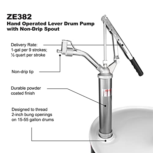 Image of Zeeline By Milton ZE382, Hand Operated Pump with Non-Drip Spout,1 Gallon per 9 Strokes, Designed for 15 to 55-Gallon Containers, Telescoping Suction Tube with 3 Different Locking Positions