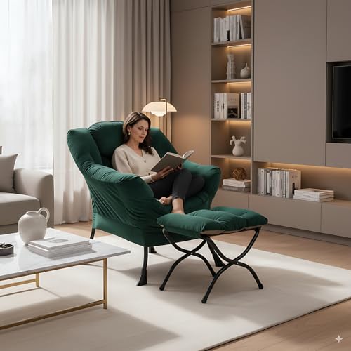 Image of LITA Lazy Chair with Ottoman, Modern Accent Leisure Upholstered Sofa Chair, Contemporary Lounge Reading Chairs with Armrests and a Side Pocket for Living Room, Bedroom & Small Space, Dark Green