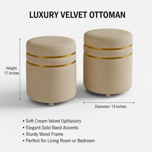 Image of Decorative Ottoman Pouffes for Sitting - Two-Piece Set of Puffy Stools and Footstools - Round Ottoman Stool for Living Room Furniture (Cream)