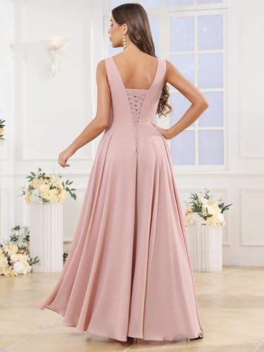 Image of BOLENSYE Floral Blush Sleeveless Bridesmaid Dresses Long Ruched Chiffon Evening Party Gown with Pockets Size8