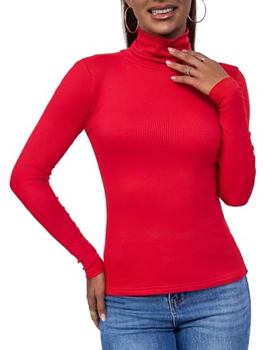 Red Ribbed Turtle Neck Tops for Women(Red Large)