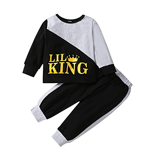 Alunsito Enfants bébé garçon Lil King lettre imprimé manches longues sweat t-shirt hauts + pantalons longs vêtements tenues ensemble gris 80 9-12 mois Cover