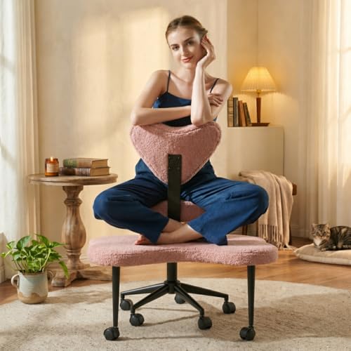 Image of Pinmoco Cross Legged Office Chair with Wheels, Teddy Fabric Criss Cross Chair for ADHD, 360 Swivel Adjustable Height Meditation Desk Chair with Lumbar Support for Home Office, Pink