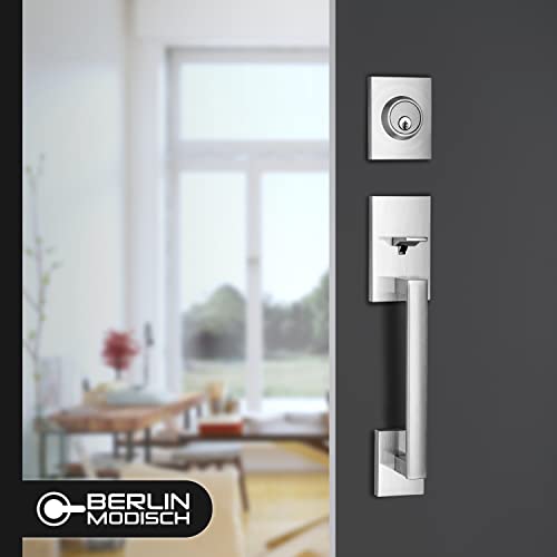 Image of Berlin Modisch HandleSet Front Door Entry Handle and Deadbolt Lock Set Slim Square Single Cylinder Deadbolt and Lever Reversible for Right & Left Sided Doors Heavy Duty - Satin Nickel Finish
