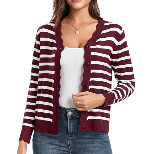 Striped Cardigan Sweater for Women Button Down Knit Cardigan Long Sleeve V Neck Lightweight Open Front Sweater Outfit