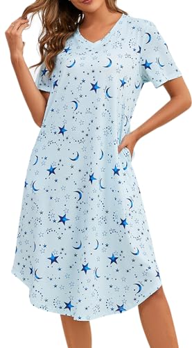 Image of Kabento Nightgowns for Women Cotton Short Sleeve Long Night Gowns with Pockets