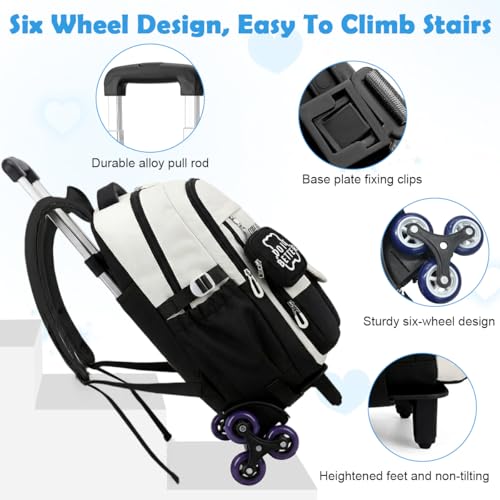 Image of PALAY Trolley School Bag Black White Polyester School Bag with Wheels Large Capacity Children's Trolley Backpack with Mini Pouch Waterproof Multi-Compartments Rolling Backpack for Elementary, Middle