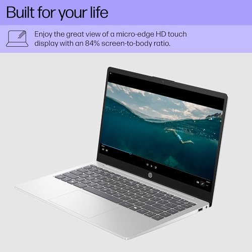 Image of HP 14 inch Laptop, HD Touchscreen Display, AMD Ryzen 5 7520U, 8 GB RAM, 512 GB SSD, AMD Radeon Graphics, Windows 11 Home, Natural Silver, 14-em0499nr