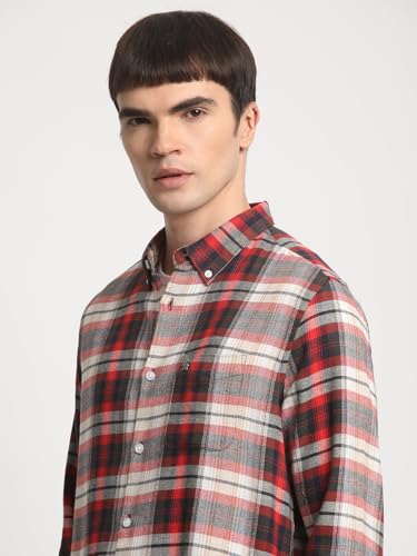 Image of Men Multi Checked Slim Fit Cotton Casual Shirt