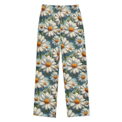 Pajama Pants Sleep Pants Soft Elastic Waist Pajama Lounge Pants Watercolor White Daisy for 6-14 Years Old
