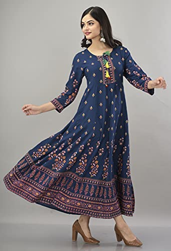 Image of Aj Art Anarkali Kurti for Women and Girls Floral Golden Print Regular Slim Fit Rayon Blue (Set of 1)