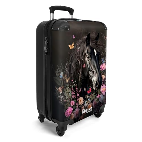 NoBoringSuitcases.com Valise Cabine Enfant Fille 55x35x25cm - Bagages à Roulettes, Motif Têtes de Cheval et Fleurs - Noir