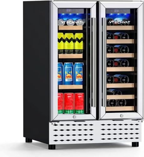 Professional Refrigerador de bebidas.2 zonas, 120 L Frigorífico para bebidas integrado 2-10°C, Vinoteca 5-18°C, Vinoteca con puerta de cristal, Protección UV/Pantalla LED/Control táctil, 80 botellas