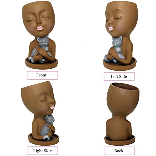 Dolkgy Head Planter Face Pots For Plants, Cute Plant Pots Unique Women Face Vase With Cat For Indoor Outdoor Plants, Resin Head Flower Pots Novelty Face Vase With Drainage Hole Tray, Diy Gifts Idea #TOP5