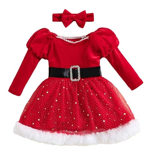 Aislor Vestido Manga Larga de Navidad para Bebé Niña Vestido Tutú con Estrellas Brillantes Disfraces de Papá Noel Vestido con Felpa y Diadema Cosplay Fiesta Niña Rojo B 3-4 años