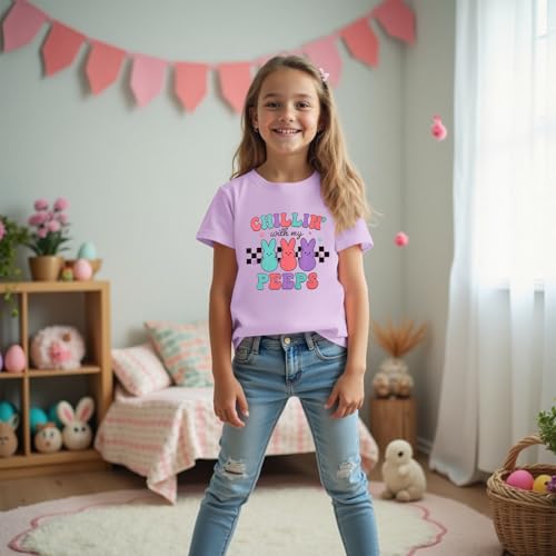 Image of CM C&M WODRO Kid Girl Funny Easter Bunny T Shirt Chillin' with My Peeps Letter Printed Shirt Short Sleeve Tee Tops