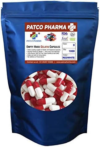 Patco Pharma- Size 0 Red-White Empty Gelatin Pill Capsule - Gluten Free Halal Certified for DIY Powder Filling (Pack of 1000 Pcs)