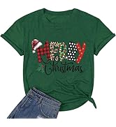 Cute Merry Christmas Shirts for Women Funny Buffalo Plaid Leopard Letter Print Graphic Tee Top Xm...