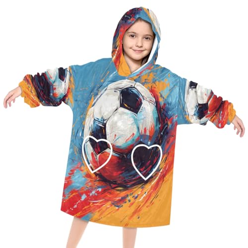 Wearable Blanket Hoodie for Kids, Oil Painting Football Fleece Sweatshirt Blanket Oversized Blanket Sweatshirt with Pocket Flannel Warm Hooded Blanket 6-10 Year Old Girl Boy Gift, One Size