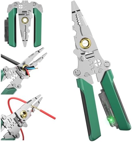 8 in 1 Wire Stripper with Voltage Tester, 2025 New Heavy Duty Wire Crimper Electrical Pliers, Electrician Tools, Noise Alarm, Hot/Neutral Detector for 12-250V AC/DC