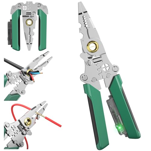 8 in 1 Wire Stripper with Voltage Tester, 2025 New Heavy Duty Wire Crimper Electrical Pliers, Electrician Tools, Noise Alarm, Hot/Neutral Detector for 12-250V AC/DC