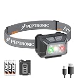 PEPTRONIC Camping Headlamp Dual Power (Rechargeable/3AAA Batteries Included), LED Dimming Head Lamp Waterproof 60° Adjustable Head Light 9 Modes Red White Green Light for Hiking, Running, Cycling