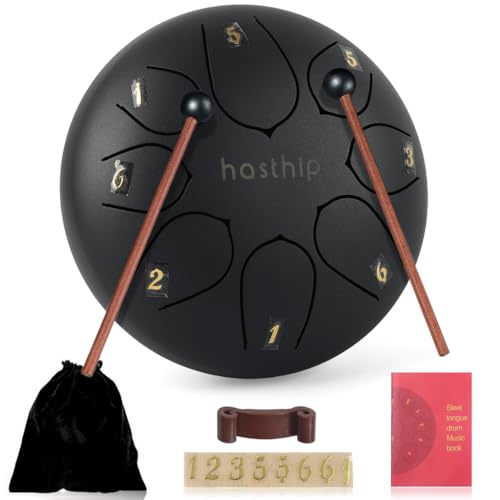 Image of HASTHIP Steel Tongue Drum 8 Note, 6 inch Percussion Instrument Handpan Drum with Bag, Music Book and Mallets for Kids and Adults Meditation Musical Education Concert Mind Healing Yoga (Black)