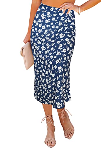 Image of HERBATOMIA Women's Floral Print Midi Skirt Casual High Elastic Waist Zipper Vintage Long Boho Skirts for Women