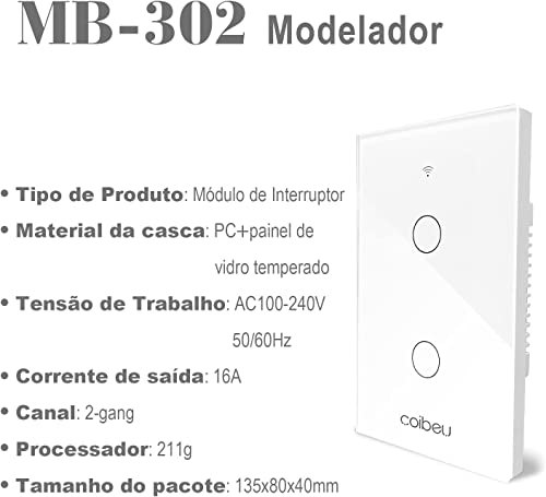 Interruptor Inteligente WiFi, Smart Sem Fio Multifuncional 2 botões (MB302 com neutro) Compatível Co