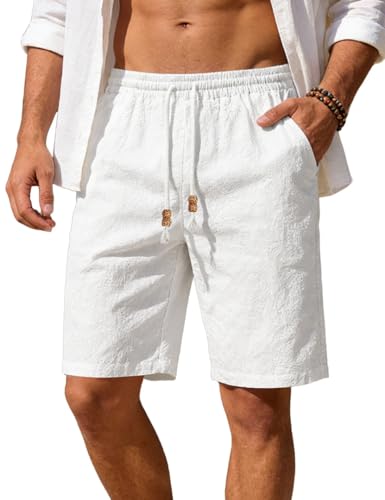 LINENNMAIN Mens Cotton Linen Shorts Casual Elastic Waist Drawstring Summer Beach Vacation Shorts with Pockets White